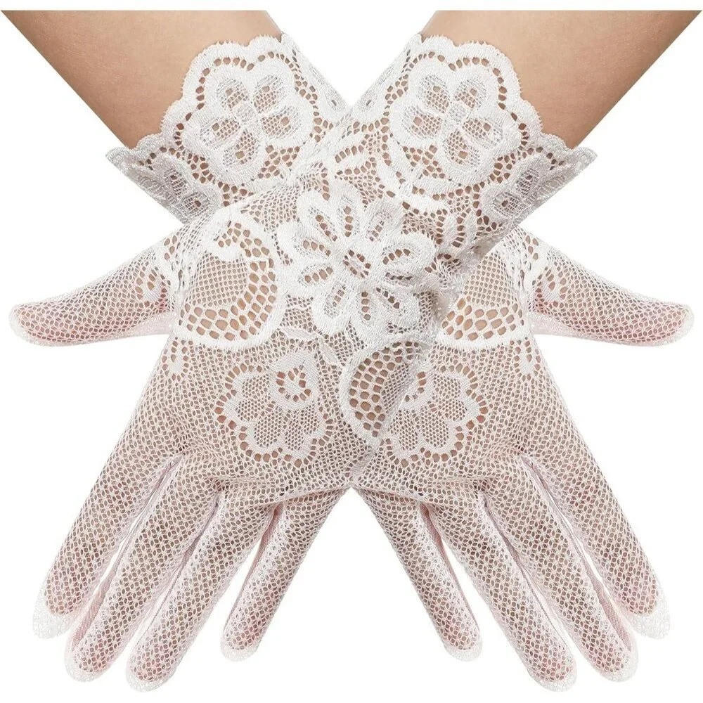 Women's Lvory 03 Floral Short Length Lace Tulle Mesh Wrist Wedding Party Gloves